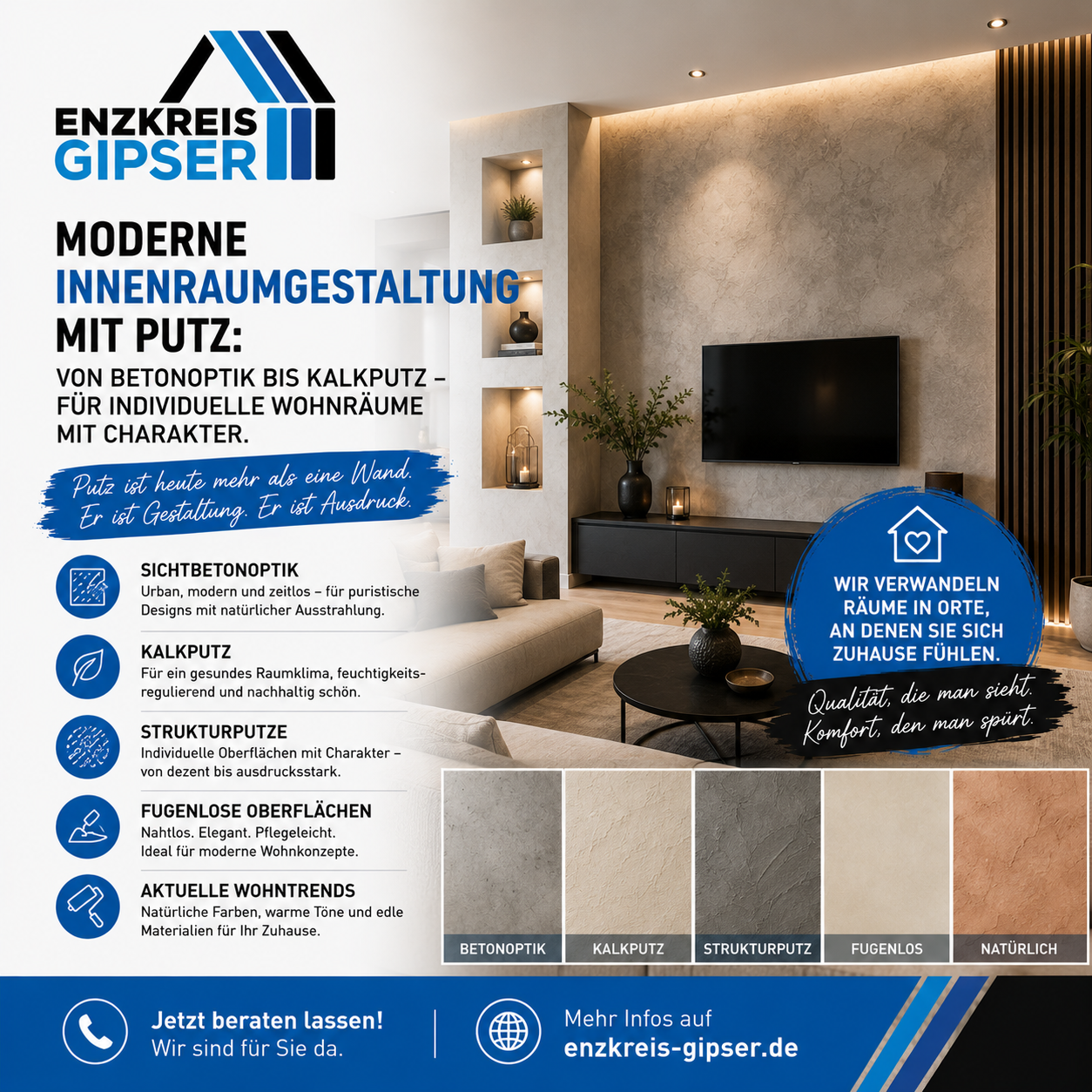 Moderne Innenraumgestaltung mit Putz: Von Betonoptik bis Kalkputz