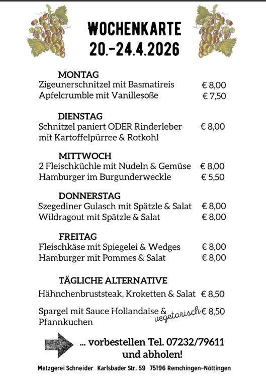 Unsere Wochenkarte vom 20. - 24.04.2026 Metzgerei Ralf Schneider